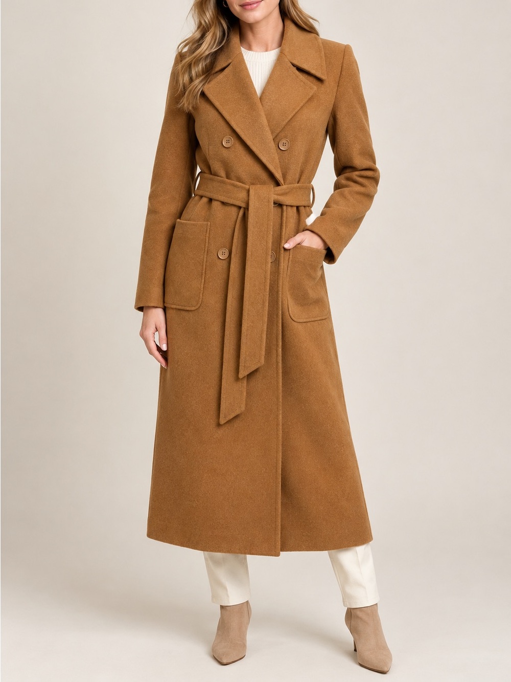 CHARTOU XS Camel 60% Wool Long Belted Double Breasted Coat